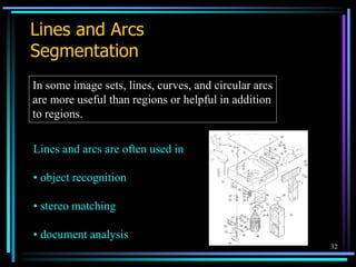 32
Lines and Arcs
Segmentation
In some image sets, lines, curves, and circular arcs
are more useful than regions or helpful in addition
to regions.
Lines and arcs are often used in
• object recognition
• stereo matching
• document analysis
 