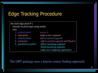 45
Edge Tracking Procedure
for each edge pixel P {
classify its pixel type using masks
case
1. isolated point : ignore it
2. start point : make a new segment
3. interior point : add to current segment
4. end point : add to current segment and finish it
5. junction or corner : add to incoming segment
finish incoming segment
make new outgoing segment(s)
The ORT package uses a fancier corner finding approach.
 