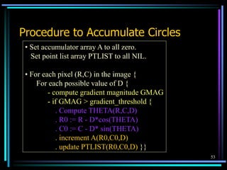 53
Procedure to Accumulate Circles
• Set accumulator array A to all zero.
Set point list array PTLIST to all NIL.
• For each pixel (R,C) in the image {
For each possible value of D {
- compute gradient magnitude GMAG
- if GMAG > gradient_threshold {
. Compute THETA(R,C,D)
. R0 := R - D*cos(THETA)
. C0 := C - D* sin(THETA)
. increment A(R0,C0,D)
. update PTLIST(R0,C0,D) }}
 