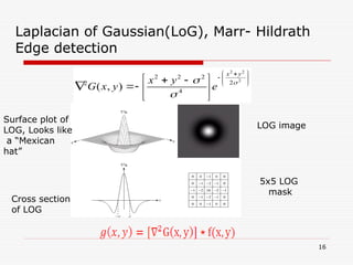 16
Laplacian of Gaussian(LoG), Marr- Hildrath
Edge detection







 






 




2
2
2
2
4
2
2
2
2
)
,
(



y
x
e
y
x
y
x
G
LOG image
5x5 LOG
mask
Surface plot of
LOG, Looks like
a “Mexican
hat”
Cross section
of LOG
 
