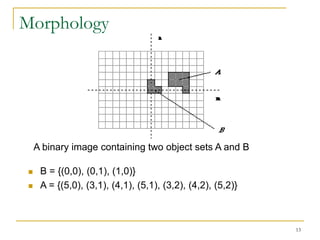 Morphology




     A binary image containing two object sets A and B

     B = {(0,0), (0,1), (1,0)}
     A = {(5,0), (3,1), (4,1), (5,1), (3,2), (4,2), (5,2)}



                                                              13
 