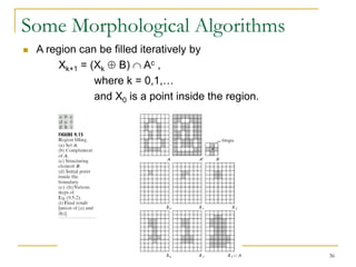 Some Morphological Algorithms
   A region can be filled iteratively by
        Xk+1 = (Xk B) Ac ,
                where k = 0,1,…
                and X0 is a point inside the region.




                                                       36
 