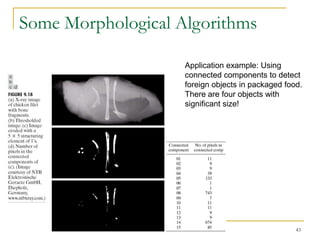 Some Morphological Algorithms

                    Application example: Using
                    connected components to detect
                    foreign objects in packaged food.
                    There are four objects with
                    significant size!




                                                   43
 