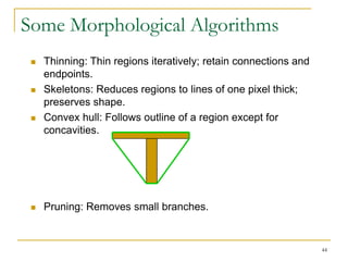Some Morphological Algorithms
    Thinning: Thin regions iteratively; retain connections and
     endpoints.
    Skeletons: Reduces regions to lines of one pixel thick;
     preserves shape.
    Convex hull: Follows outline of a region except for
     concavities.




    Pruning: Removes small branches.


                                                                  44
 