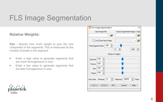 23
FLS Image Segmentation
Relative Weights:
Size - Specify how much weight to give the size
component of the segments. This is measured as the
number of pixels in the segment.
▪ Enter a high value to generate segments that
are more homogeneous in size.
▪ Enter a low value to generate segments that
are less homogeneous in size.
 