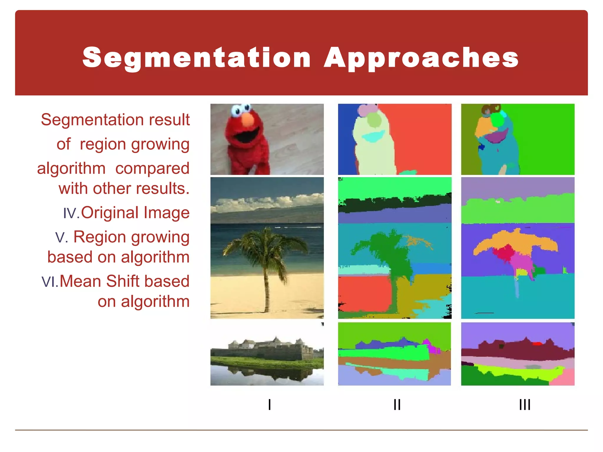 Segmentation Approaches

Segmentation result
   of region growing
algorithm compared
   with other results.
    IV. Original Image
   V. Region growing
 based on algorithm
VI. Mean Shift based
          on algorithm




                         I   II   III
 