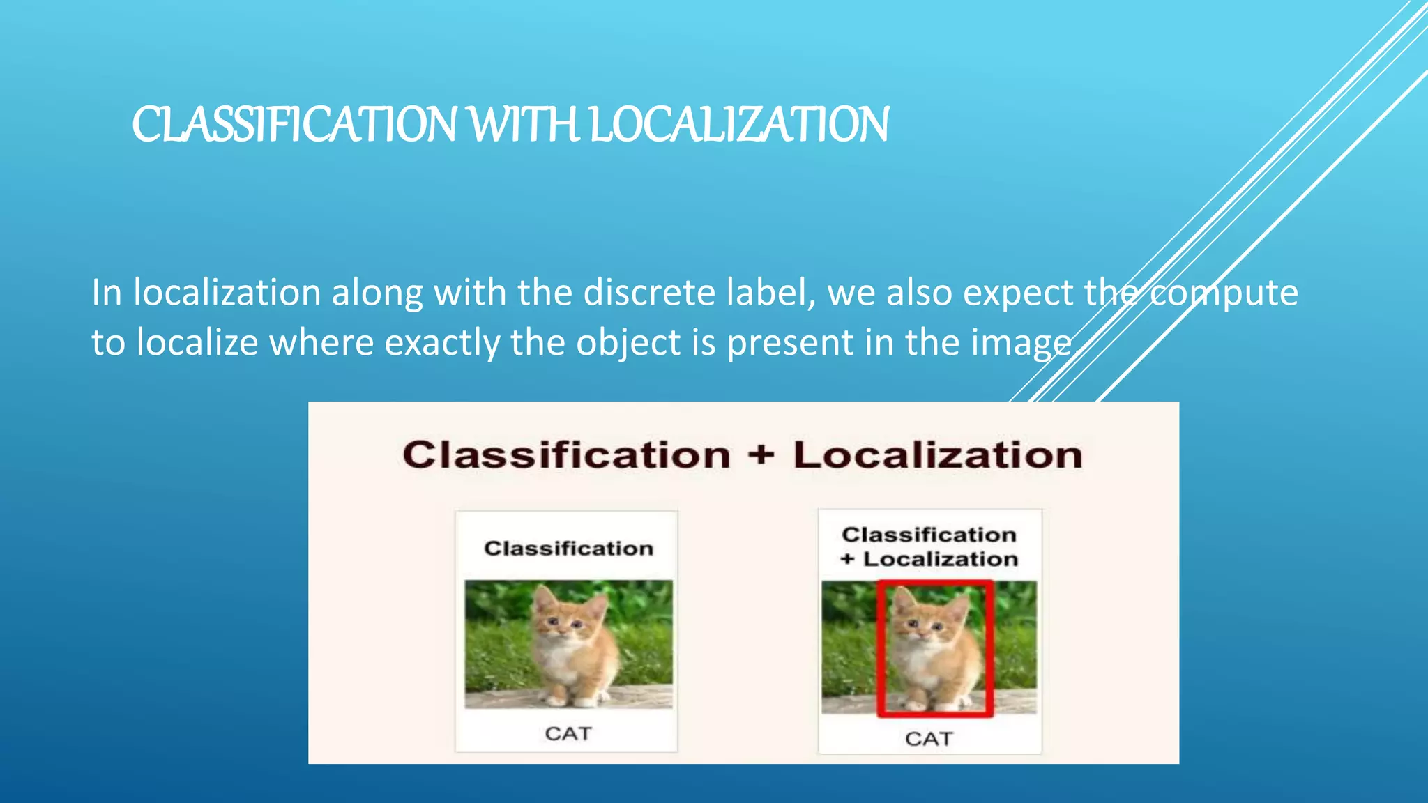 CLASSIFICATION WITH LOCALIZATION
In localization along with the discrete label, we also expect the compute
to localize where exactly the object is present in the image.
 