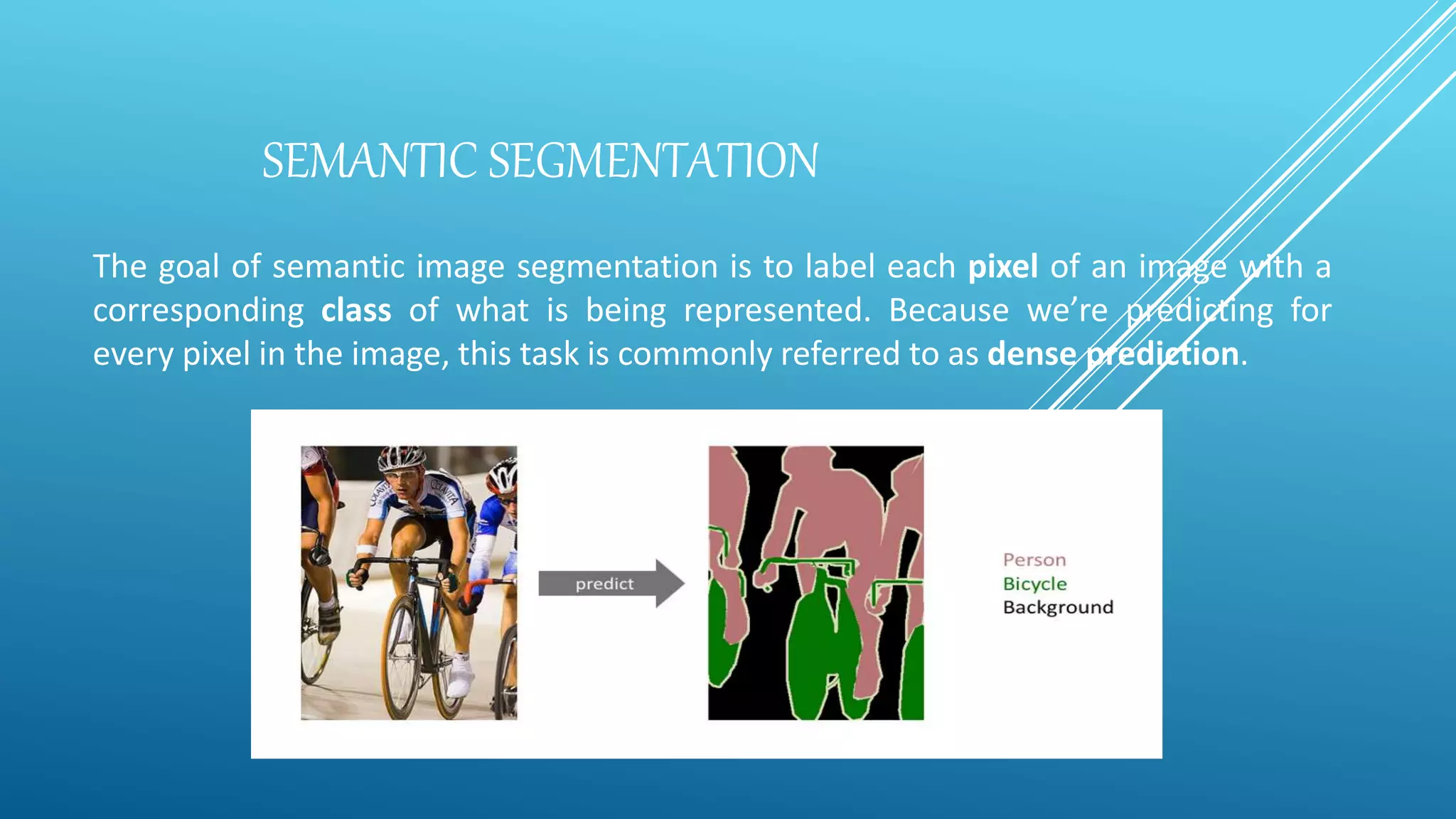 SEMANTIC SEGMENTATION
The goal of semantic image segmentation is to label each pixel of an image with a
corresponding class of what is being represented. Because we’re predicting for
every pixel in the image, this task is commonly referred to as dense prediction.
 