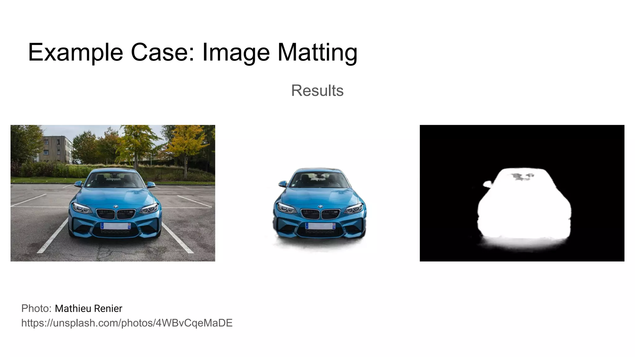 Results
Example Case: Image Matting
Photo: Mathieu Renier
https://unsplash.com/photos/4WBvCqeMaDE
 