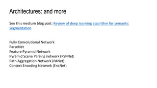 Architectures: and more
See this medium blog post: Review of deep learning algorithm for semantic
segmentation
Fully Convolutional Network
ParseNet
Feature Pyramid Network
Pyramid Scene Parsing network (PSPNet)
Path Aggregation Network (PANet)
Context Encoding Network (EncNet)
 
