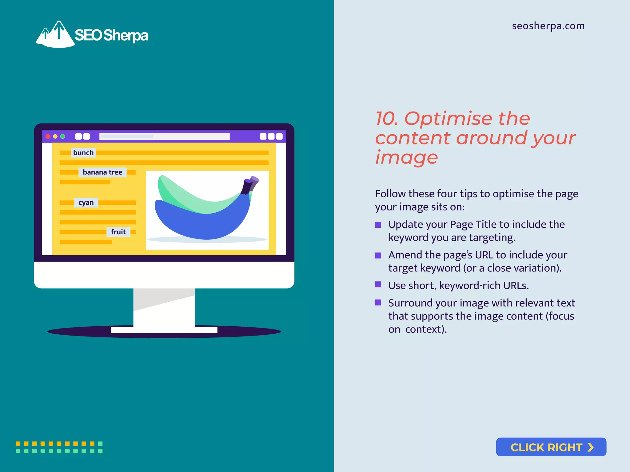 CLICK RIGHT
seosherpa.com
bunch
banana tree
cyan
fruit
Follow these four tips to optimise the page
your image sits on:
Update your Page Title to include the
keyword you are targeting.
Amend the page’s URL to include your
target keyword (or a close variation).
Use short, keyword-rich URLs.
Surround your image with relevant text
that supports the image content (focus
on context).
10. Optimise the
content around your
image
 
