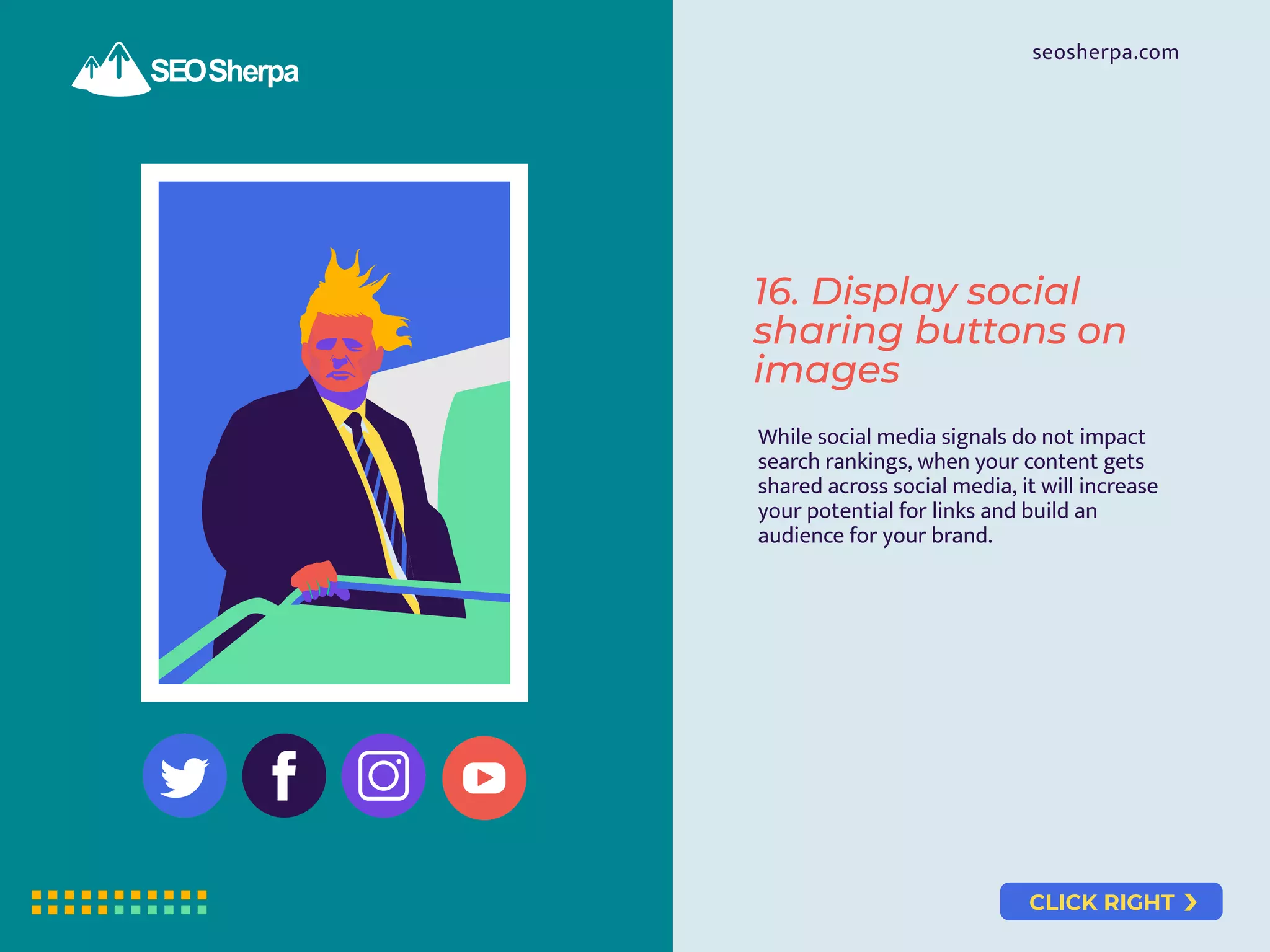 CLICK RIGHT
seosherpa.com
16. Display social
sharing buttons on
images
While social media signals do not impact
search rankings, when your content gets
shared across social media, it will increase
your potential for links and build an
audience for your brand.
 