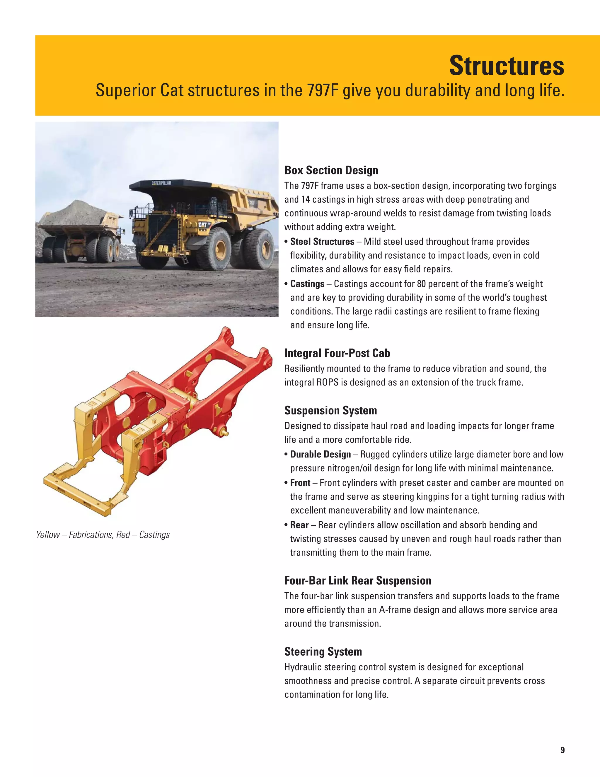 Structures
Superior Cat structures in the 797F give you durability and long life.

Yellow – Fabrications, Red – Castings

Box Section Design
The 797F frame uses a box-section design, incorporating two forgings
and 14 castings in high stress areas with deep penetrating and
continuous wrap-around welds to resist damage from twisting loads
without adding extra weight.
• Steel Structures – Mild steel used throughout frame provides
flexibility, durability and resistance to impact loads, even in cold
climates and allows for easy field repairs.
• Castings – Castings account for 80 percent of the frame’s weight
and are key to providing durability in some of the world’s toughest
conditions. The large radii castings are resilient to frame flexing
and ensure long life.
Integral Four-Post Cab
Resiliently mounted to the frame to reduce vibration and sound, the
integral ROPS is designed as an extension of the truck frame.
Suspension System
Designed to dissipate haul road and loading impacts for longer frame
life and a more comfortable ride.
• Durable Design – Rugged cylinders utilize large diameter bore and low
pressure nitrogen/oil design for long life with minimal maintenance.
• Front – Front cylinders with preset caster and camber are mounted on
the frame and serve as steering kingpins for a tight turning radius with
excellent maneuverability and low maintenance.
• Rear – Rear cylinders allow oscillation and absorb bending and
twisting stresses caused by uneven and rough haul roads rather than
transmitting them to the main frame.
Four-Bar Link Rear Suspension
The four-bar link suspension transfers and supports loads to the frame
more efficiently than an A-frame design and allows more service area
around the transmission.
Steering System
Hydraulic steering control system is designed for exceptional
smoothness and precise control. A separate circuit prevents cross
contamination for long life.
9
 