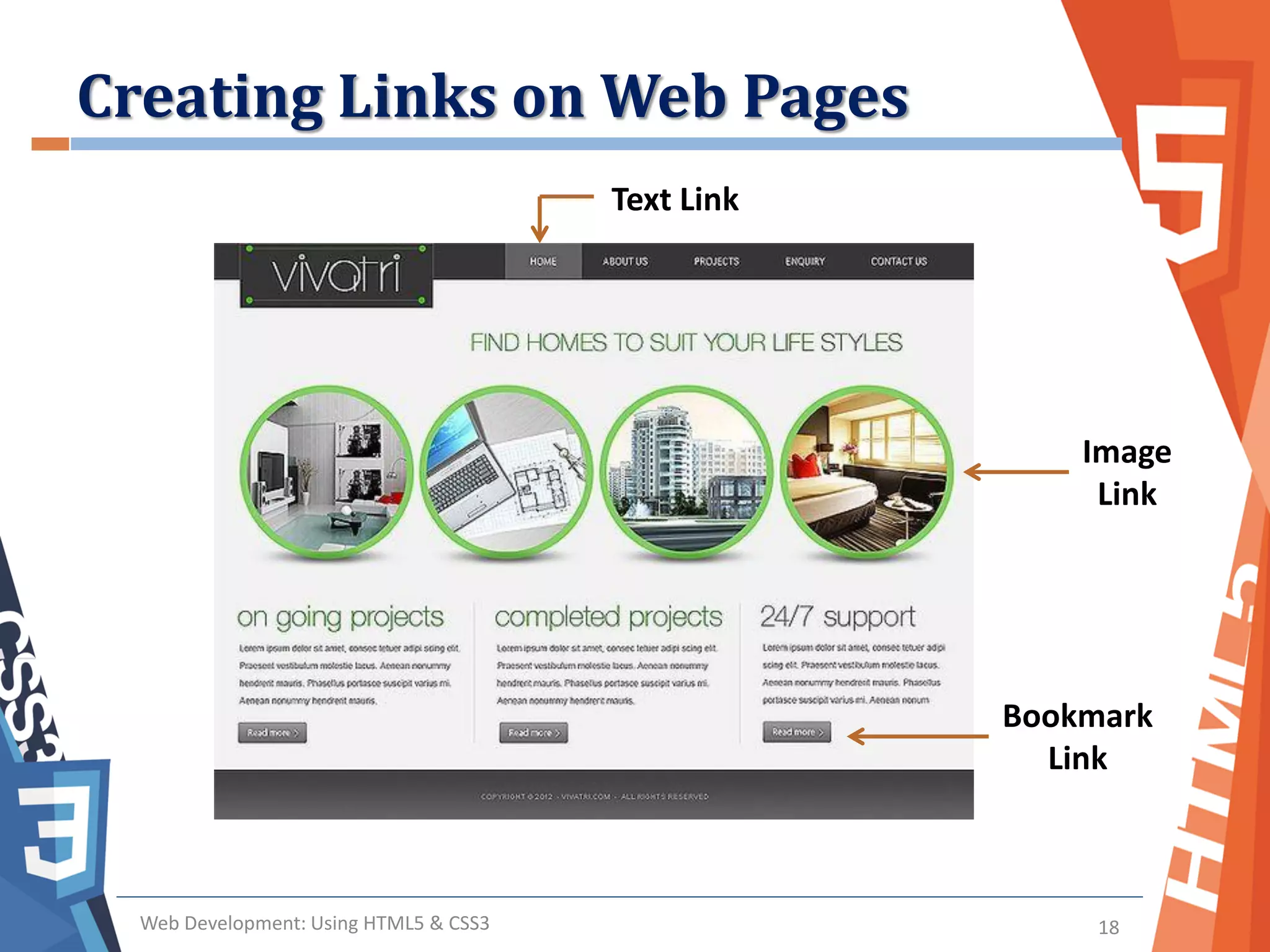 Creating Links on Web Pages
Web Development: Using HTML5 & CSS3 18
Text Link
Image
Link
Bookmark
Link
 