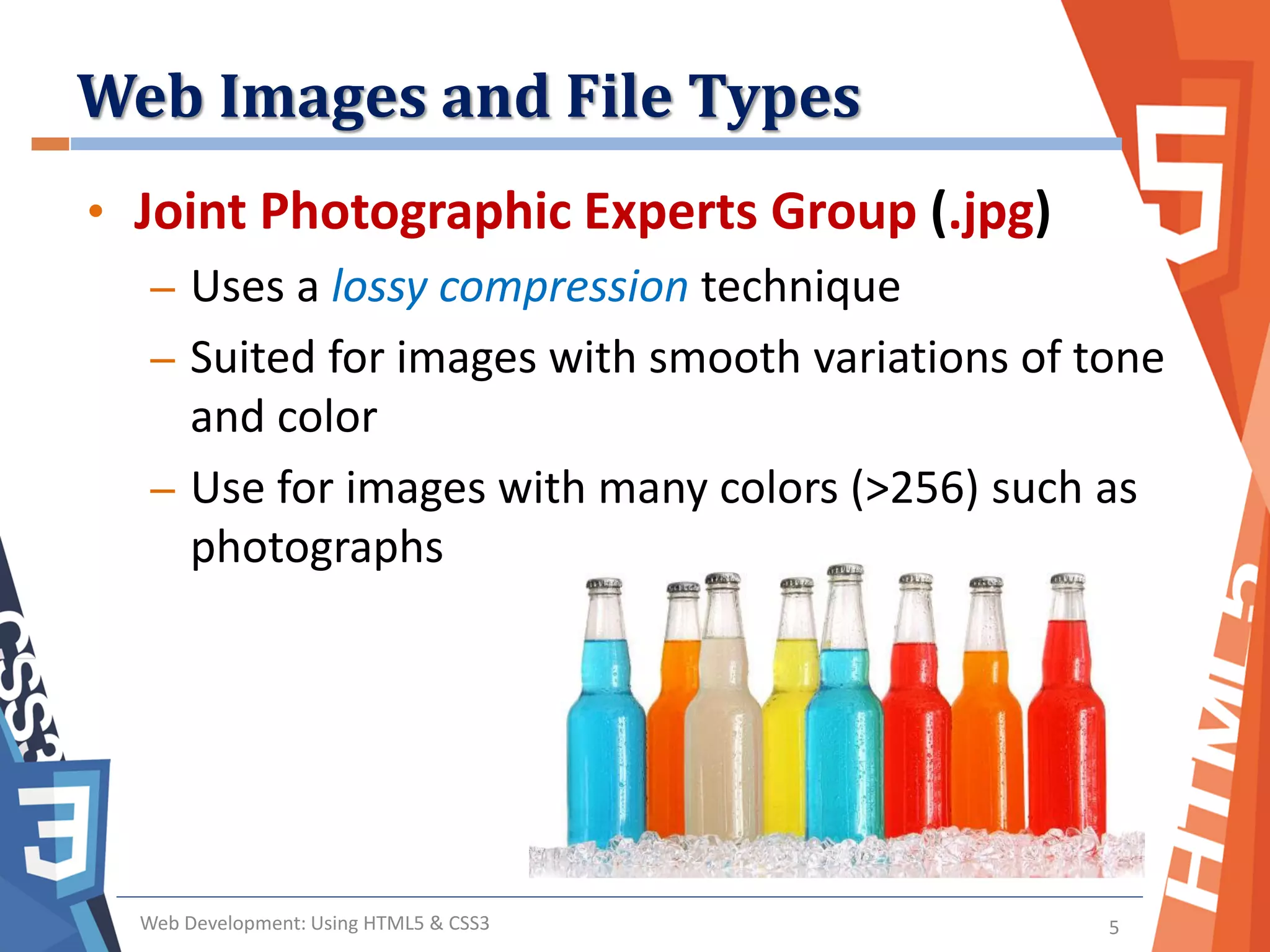 Web Images and File Types
Web Development: Using HTML5 & CSS3 5
• Joint Photographic Experts Group (.jpg)
– Uses a lossy compression technique
– Suited for images with smooth variations of tone
and color
– Use for images with many colors (>256) such as
photographs
 