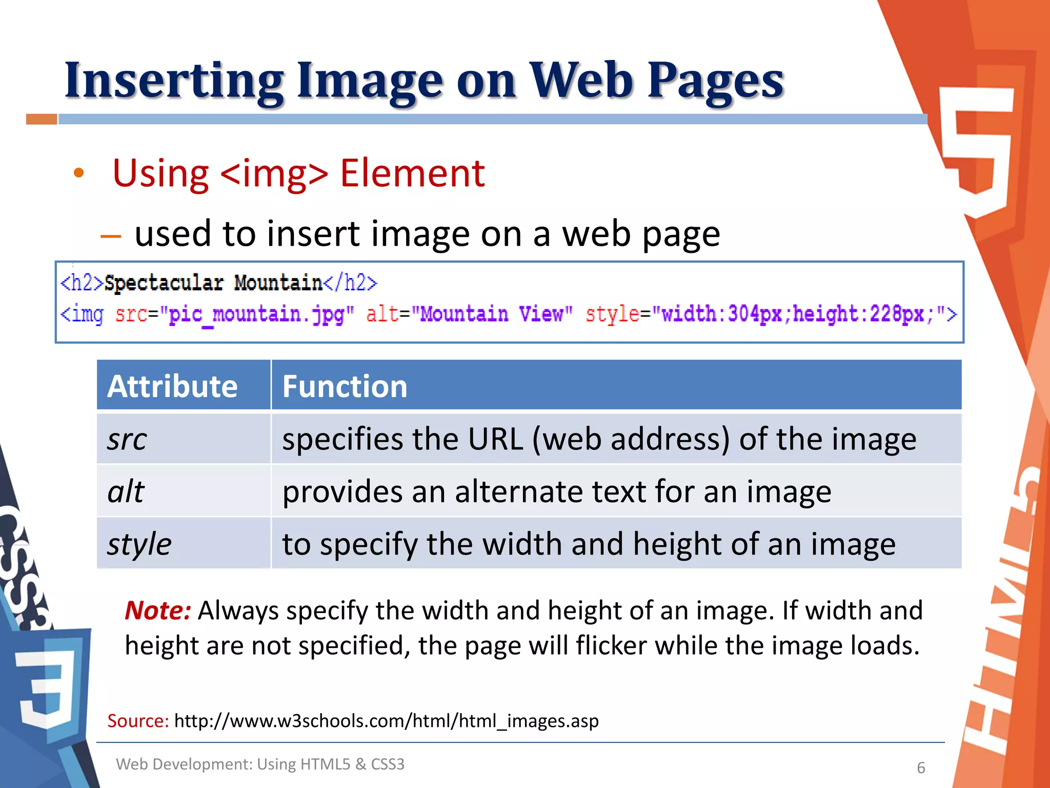 Inserting Image on Web Pages
Web Development: Using HTML5 & CSS3 6
• Using <img> Element
– used to insert image on a web page
Attribute Function
src specifies the URL (web address) of the image
alt provides an alternate text for an image
style to specify the width and height of an image
Note: Always specify the width and height of an image. If width and
height are not specified, the page will flicker while the image loads.
Source: http://www.w3schools.com/html/html_images.asp
 