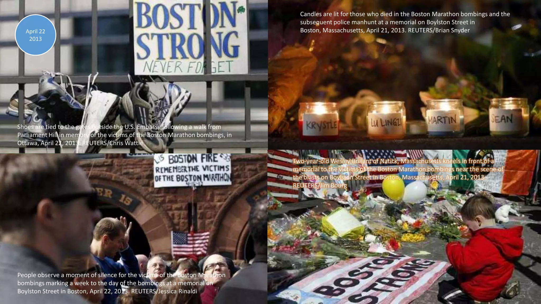 April 30, 2013 66
Candles are lit for those who died in the Boston Marathon bombings and the
subsequent police manhunt at a memorial on Boylston Street in
Boston, Massachusetts, April 21, 2013. REUTERS/Brian Snyder
Shoes are tied to the gates outside the U.S. Embassy following a walk from
Parliament Hill in memory of the victims of the Boston Marathon bombings, in
Ottawa, April 22, 2013. REUTERS/Chris Wattie
Two-year-old Wesley Brillant of Natick, Massachusetts kneels in front of a
memorial to the victims of the Boston Marathon bombings near the scene of
the blasts on Boylston Street in Boston, Massachusetts, April 21, 2013.
REUTERS/Jim Bourg
People observe a moment of silence for the victims of the Boston Marathon
bombings marking a week to the day of the bombings at a memorial on
Boylston Street in Boston, April 22, 2013. REUTERS/Jessica Rinaldi
April 22
2013
 
