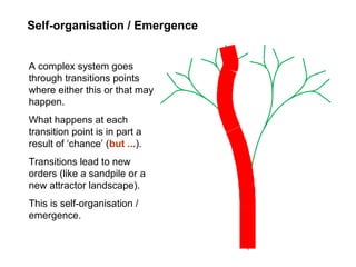 Self-organisation / Emergence
A complex system goes
through transitions points
where either this or that may
happen.
What happens at each
transition point is in part a
result of ‘chance’ (but ...).
Transitions lead to new
orders (like a sandpile or a
new attractor landscape).
This is self-organisation /
emergence.
 
