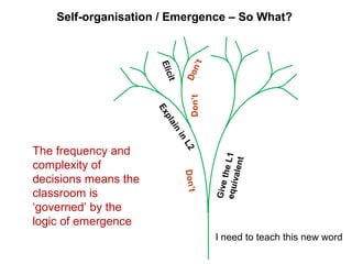 GivetheL1equivalent
Explain
in
L2
Don’t
Don’t
Elicit
Don’t
The frequency and
complexity of
decisions means the
classroom is
‘governed’ by the
logic of emergence
Self-organisation / Emergence – So What?
I need to teach this new word
 