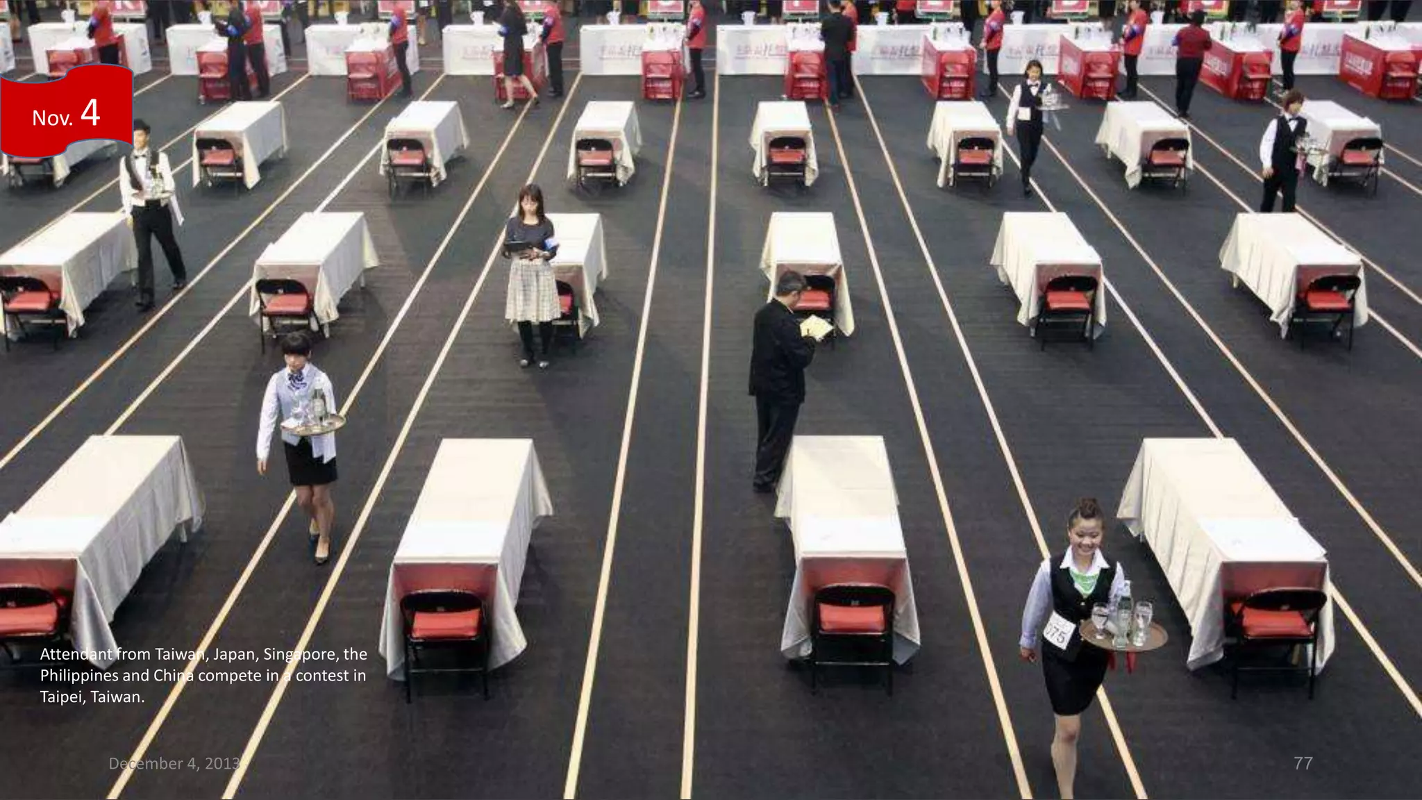 Nov.

4

Attendant from Taiwan, Japan, Singapore, the
Philippines and China compete in a contest in
Taipei, Taiwan.

December 4, 2013

77

 