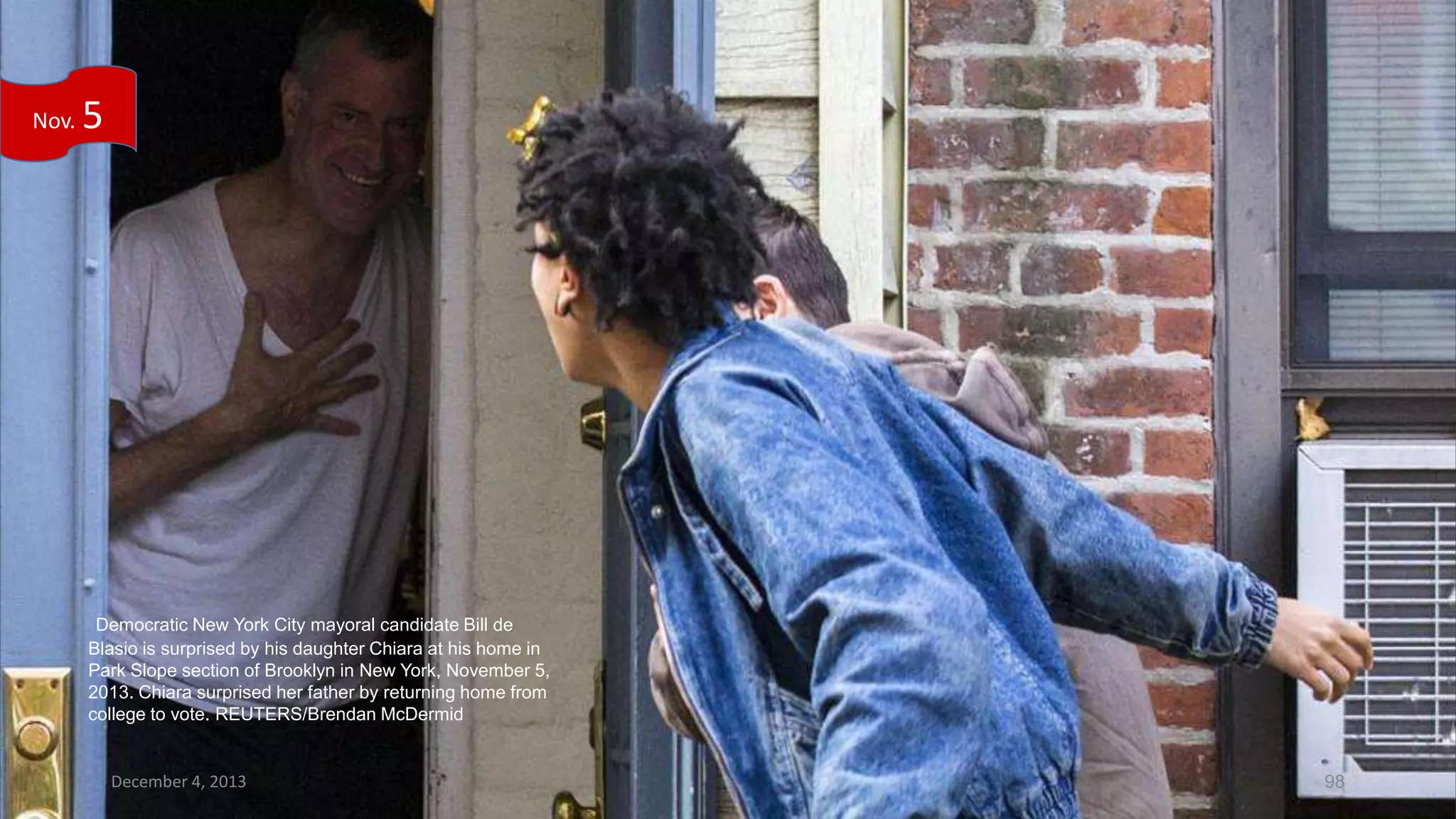 Nov.

5

Democratic New York City mayoral candidate Bill de
Blasio is surprised by his daughter Chiara at his home in
Park Slope section of Brooklyn in New York, November 5,
2013. Chiara surprised her father by returning home from
college to vote. REUTERS/Brendan McDermid

December 4, 2013

98

 