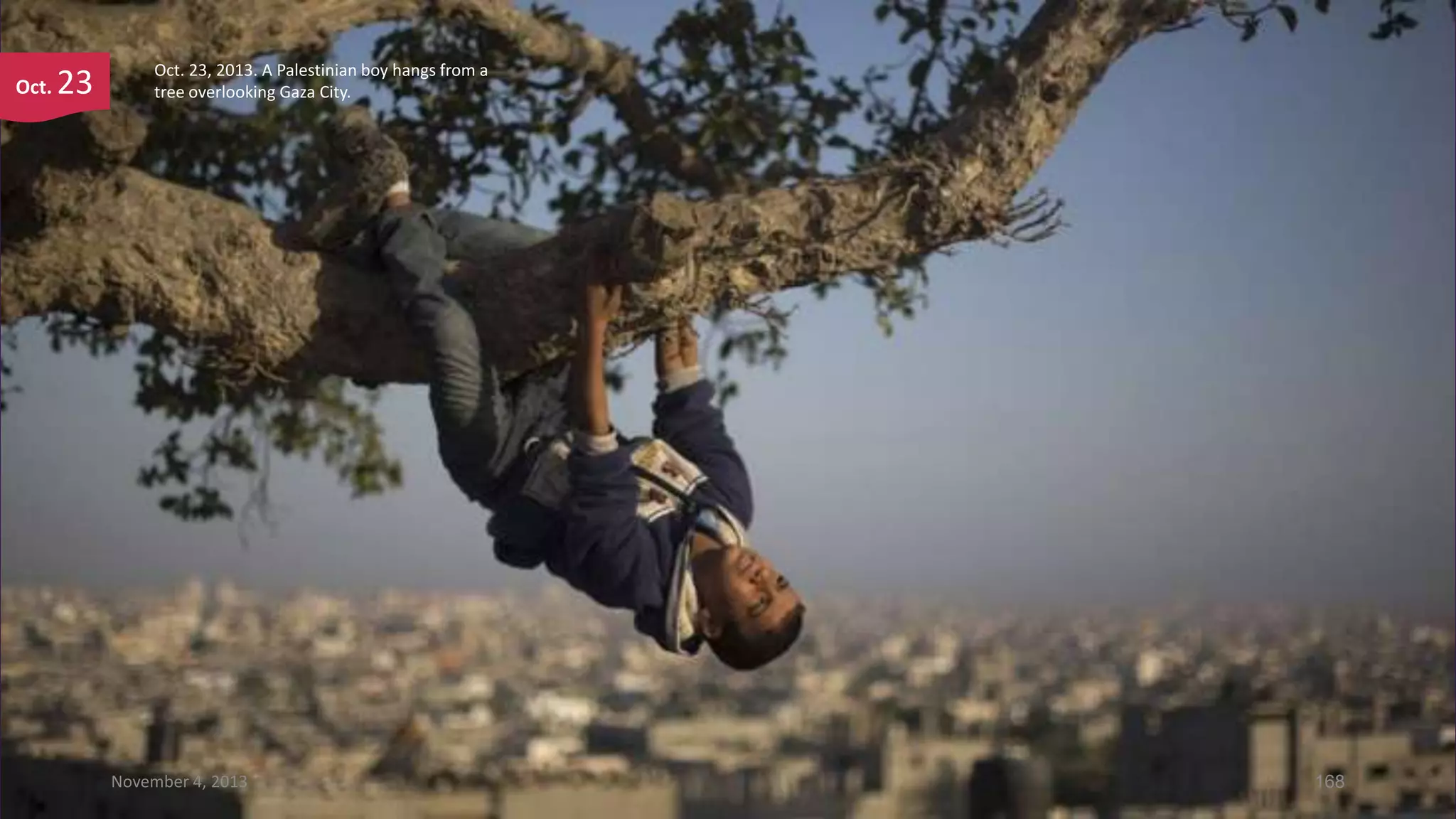 Oct.

23

Oct. 23, 2013. A Palestinian boy hangs from a
tree overlooking Gaza City.

November 4, 2013

168

 