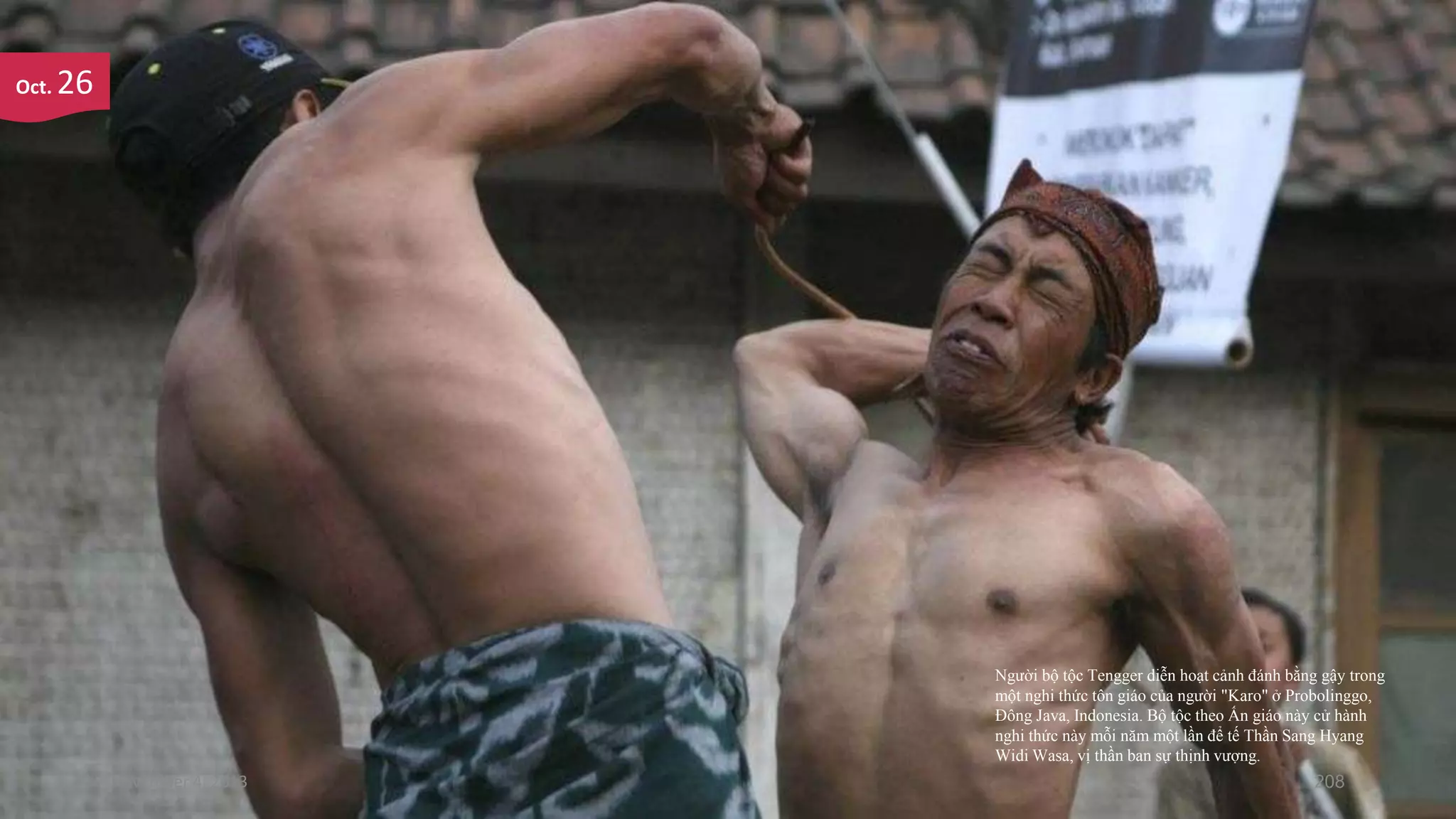 Oct.

26

Người bộ tộc Tengger diễn hoạt cảnh đánh bằng gậy trong
một nghi thức tôn giáo của người "Karo" ở Probolinggo,
Ðông Java, Indonesia. Bộ tộc theo Ấn giáo này cử hành
nghi thức này mỗi năm một lần để tế Thần Sang Hyang
Widi Wasa, vị thần ban sự thịnh vượng.

November 4, 2013

208

 