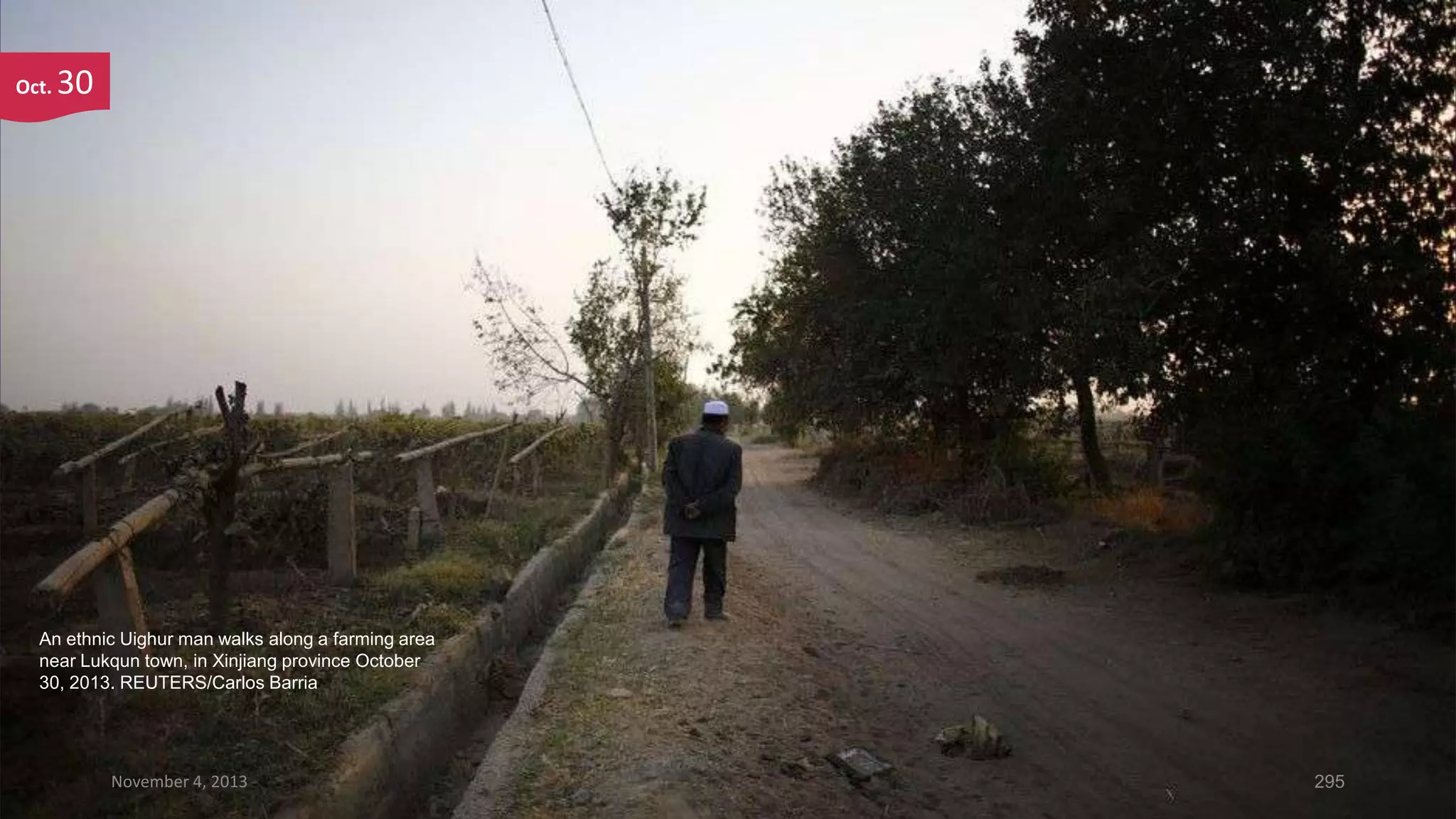 Oct.

30

An ethnic Uighur man walks along a farming area
near Lukqun town, in Xinjiang province October
30, 2013. REUTERS/Carlos Barria

November 4, 2013

295

 