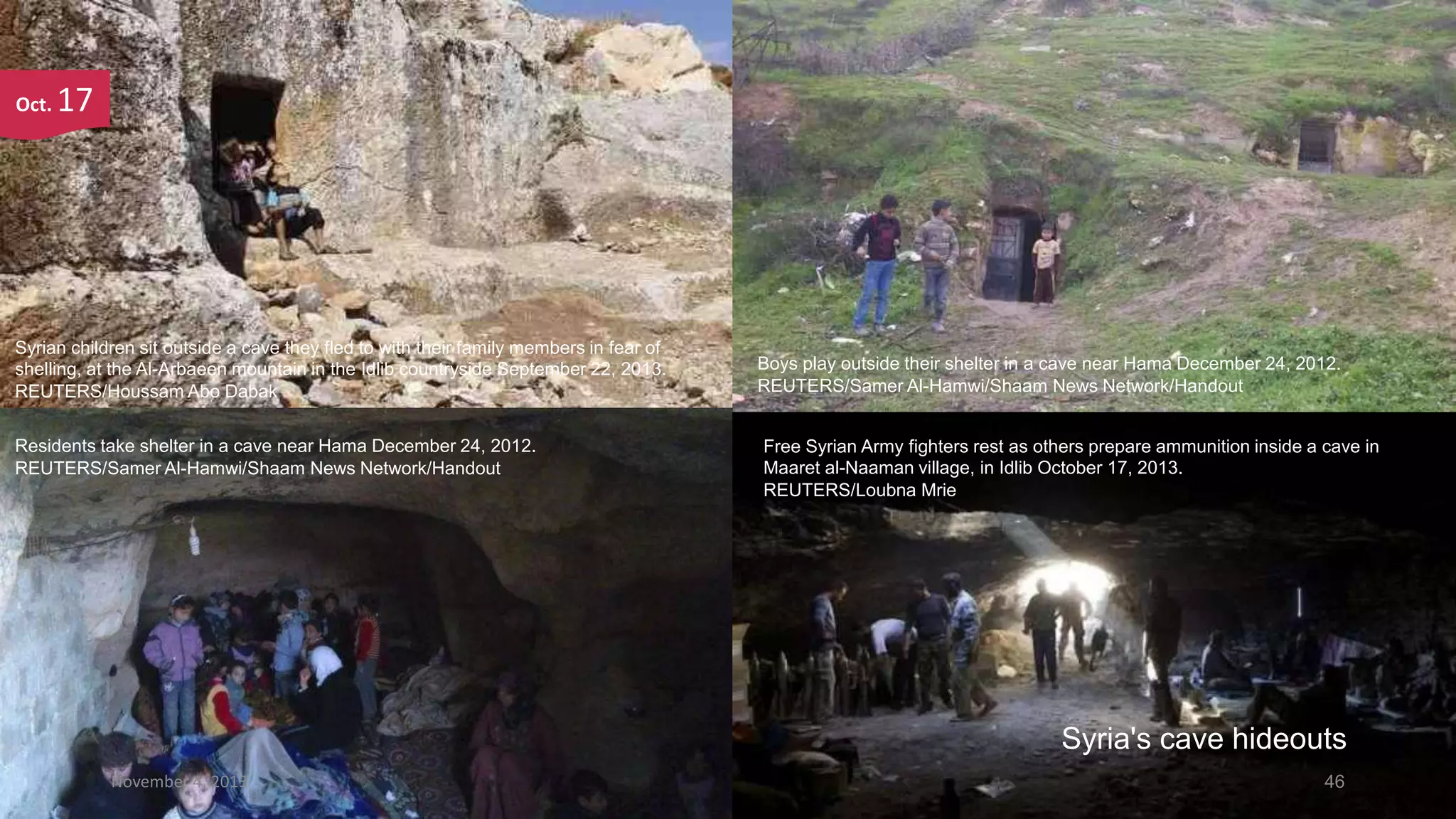Oct.

17

Syrian children sit outside a cave they fled to with their family members in fear of
shelling, at the Al-Arbaeen mountain in the Idlib countryside September 22, 2013.
REUTERS/Houssam Abo Dabak
Residents take shelter in a cave near Hama December 24, 2012.
REUTERS/Samer Al-Hamwi/Shaam News Network/Handout

Boys play outside their shelter in a cave near Hama December 24, 2012.
REUTERS/Samer Al-Hamwi/Shaam News Network/Handout
Free Syrian Army fighters rest as others prepare ammunition inside a cave in
Maaret al-Naaman village, in Idlib October 17, 2013.
REUTERS/Loubna Mrie

Syria's cave hideouts
November 4, 2013

46

 