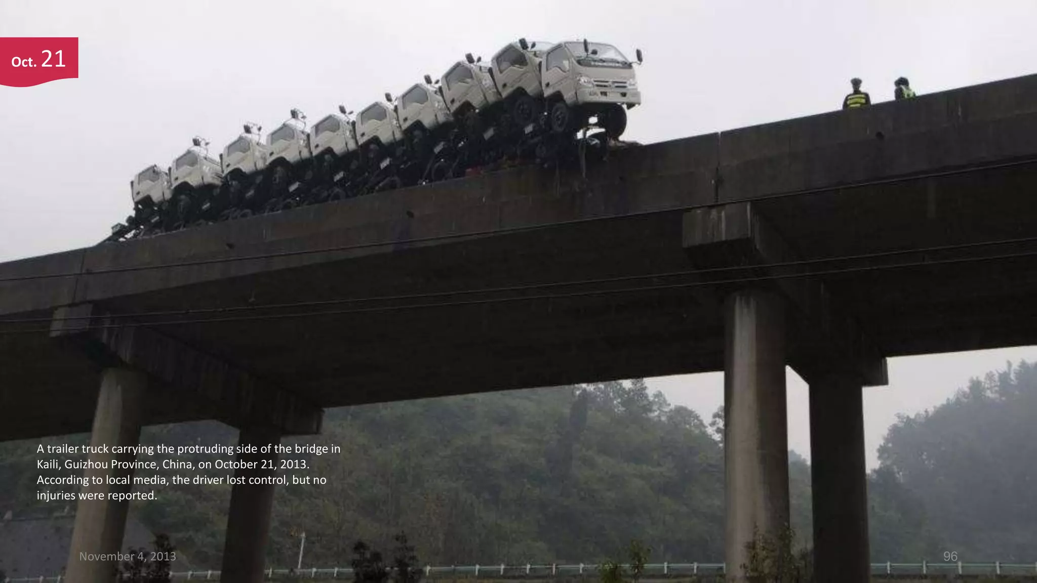 Oct.

21

A trailer truck carrying the protruding side of the bridge in
Kaili, Guizhou Province, China, on October 21, 2013.
According to local media, the driver lost control, but no
injuries were reported.

November 4, 2013

96

 