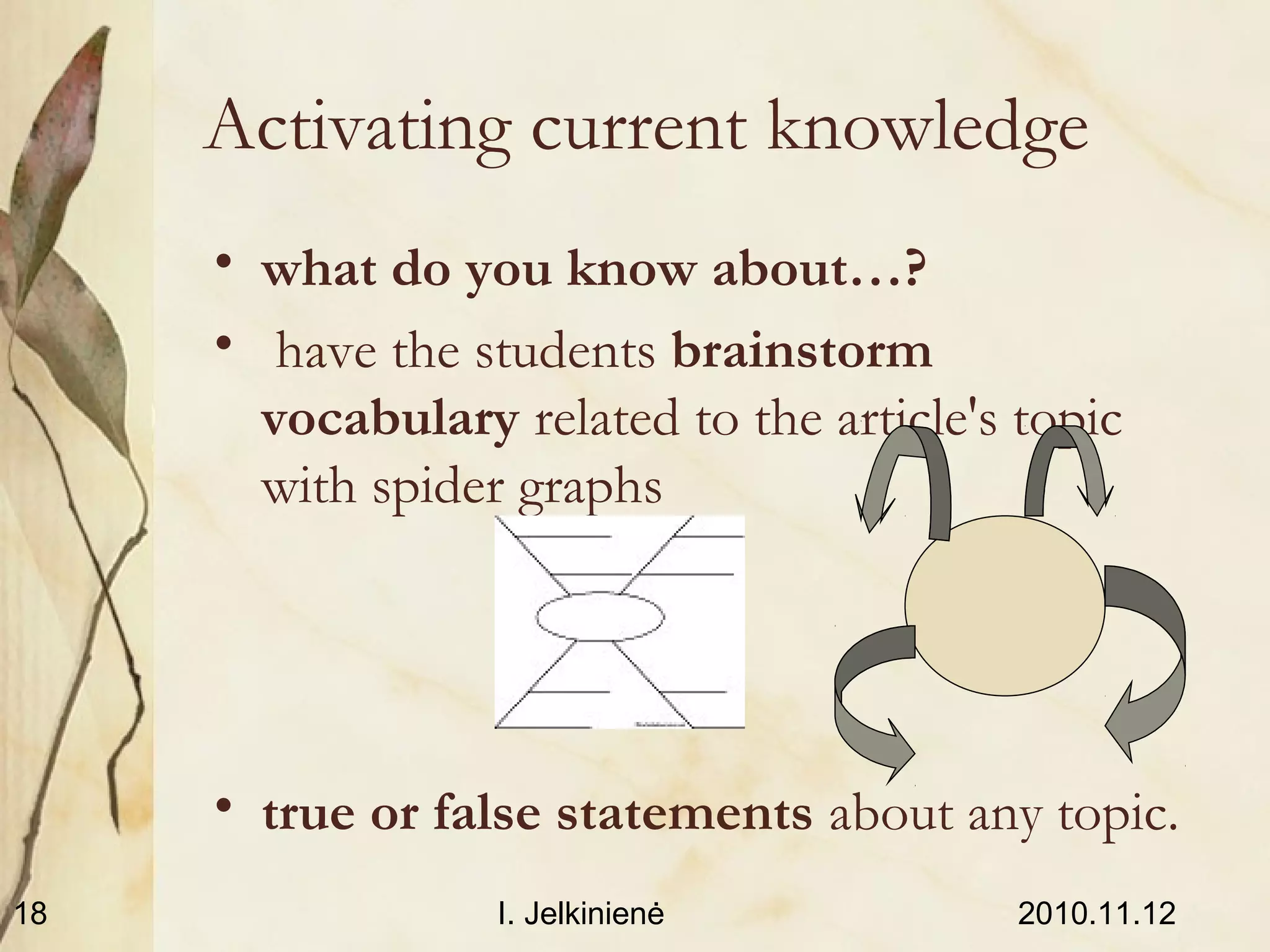 2010.11.12I. Jelkinienė18
Activating current knowledge
• what do you know about…?
• have the students brainstorm
vocabulary related to the article's topic
with spider graphs
• true or false statements about any topic.
 