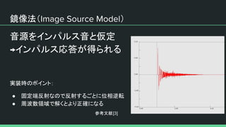 鏡像法（ ）
音源をインパルス音と仮定
インパルス応答が得られる
実装時のポイント：
● 固定端反射なので反射するごとに位相逆転
● 周波数領域で解くとより正確になる
参考文献[3]
 