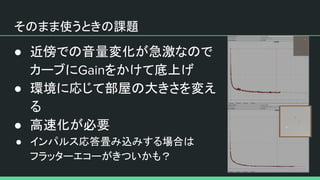 そのまま使うときの課題
● 近傍での音量変化が急激なので
カーブに をかけて底上げ
● 環境に応じて部屋の大きさを変え
る
● 高速化が必要
● インパルス応答畳み込みする場合は
フラッターエコーがきついかも？
 