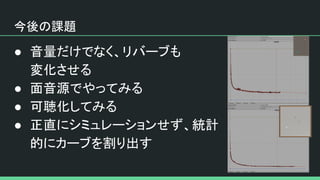 今後の課題
● 音量だけでなく、リバーブも
変化させる
● 面音源でやってみる
● 可聴化してみる
● 正直にシミュレーションせず、統計
的にカーブを割り出す
 