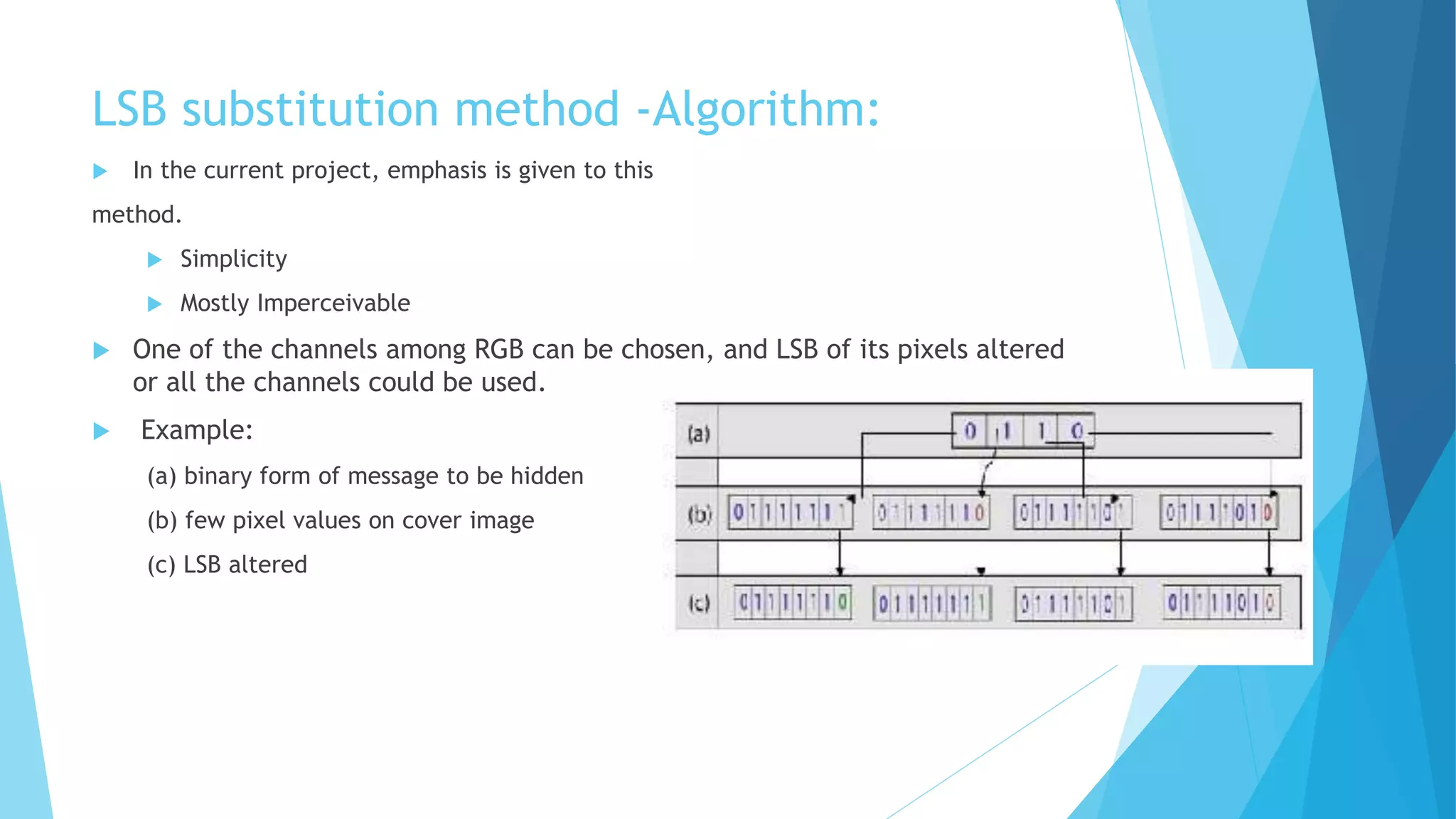 LSB substitution method -Algorithm:
 In the current project, emphasis is given to this
method.
 Simplicity
 Mostly Imperceivable
 One of the channels among RGB can be chosen, and LSB of its pixels altered
or all the channels could be used.
 Example:
(a) binary form of message to be hidden
(b) few pixel values on cover image
(c) LSB altered
 