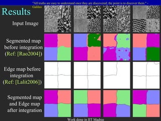 Input Image Segmented map before integration ( Ref: [Rao2004] ) Edge map before integration  ( Ref: [Lalit2006] ) Segmented map and Edge map after integration Results 