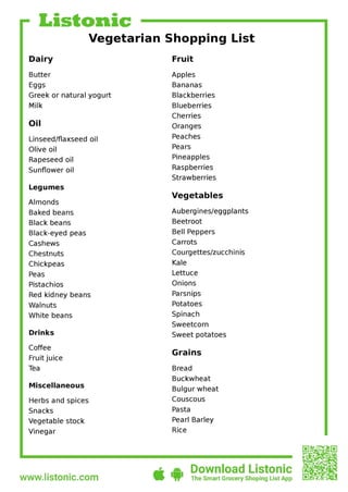 Vegetarian shopping list