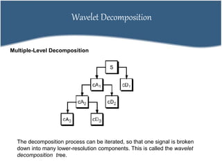 Wavelet Decomposition
Multiple-Level Decomposition
The decomposition process can be iterated, so that one signal is broken
down into many lower-resolution components. This is called the wavelet
decomposition tree.
 