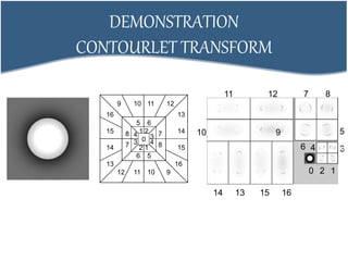 4
DEMONSTRATION
CONTOURLET TRANSFORM
0
1
1
2
2
3
3 4
5
5
6
6
7
7 8
8
16
9
9
10
10
11
11
12
12
13
13
14
1415
15
16
10
0 12
34
5
6
7 8
15 161314
11 12
9 5
4
 