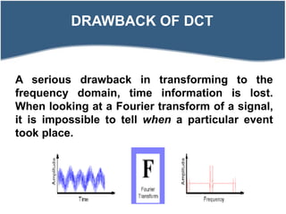 A serious drawback in transforming to the
frequency domain, time information is lost.
When looking at a Fourier transform of a signal,
it is impossible to tell when a particular event
took place.
DRAWBACK OF DCT
 