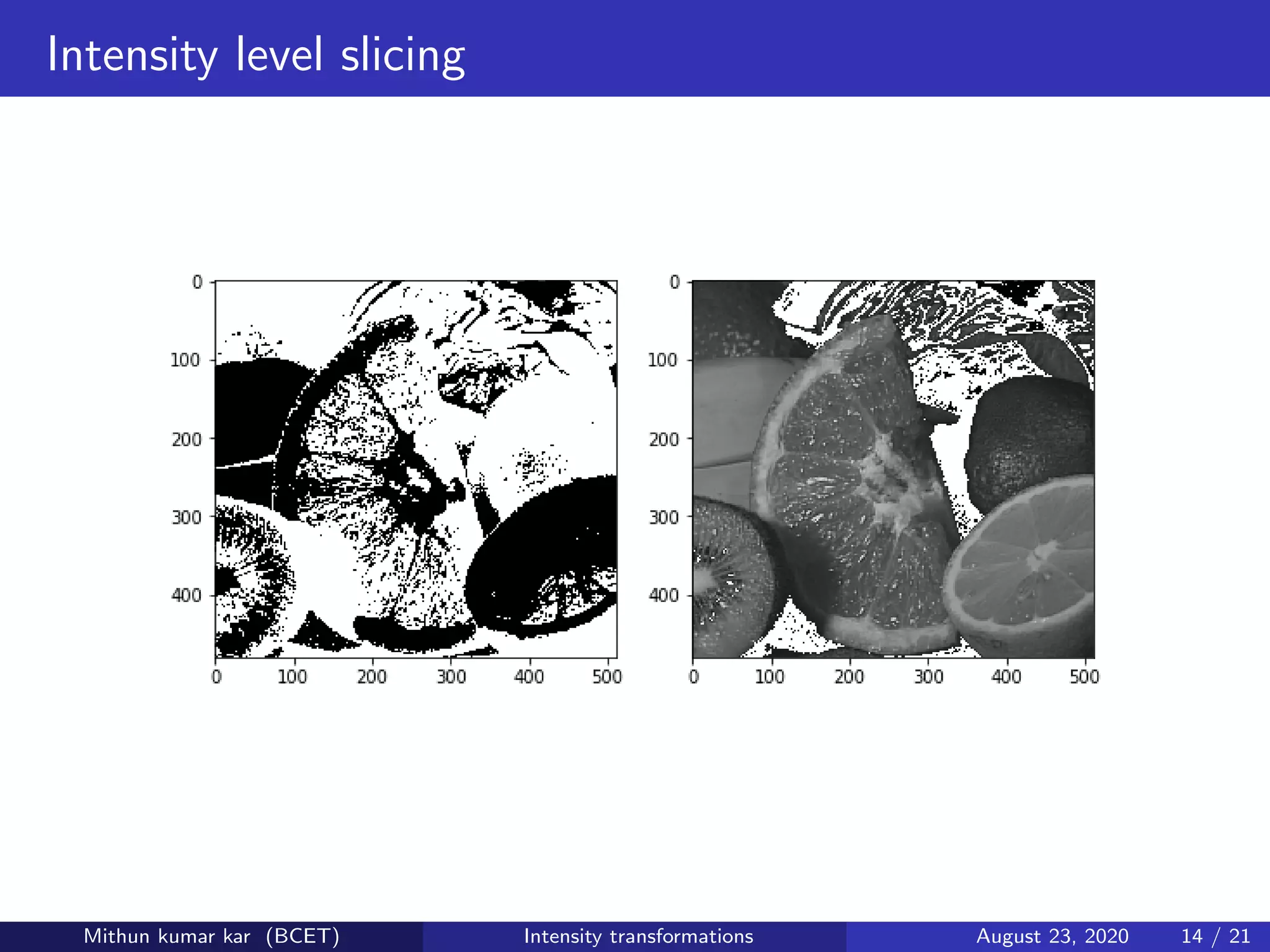 Intensity level slicing
Mithun kumar kar (BCET) Intensity transformations August 23, 2020 14 / 21
 