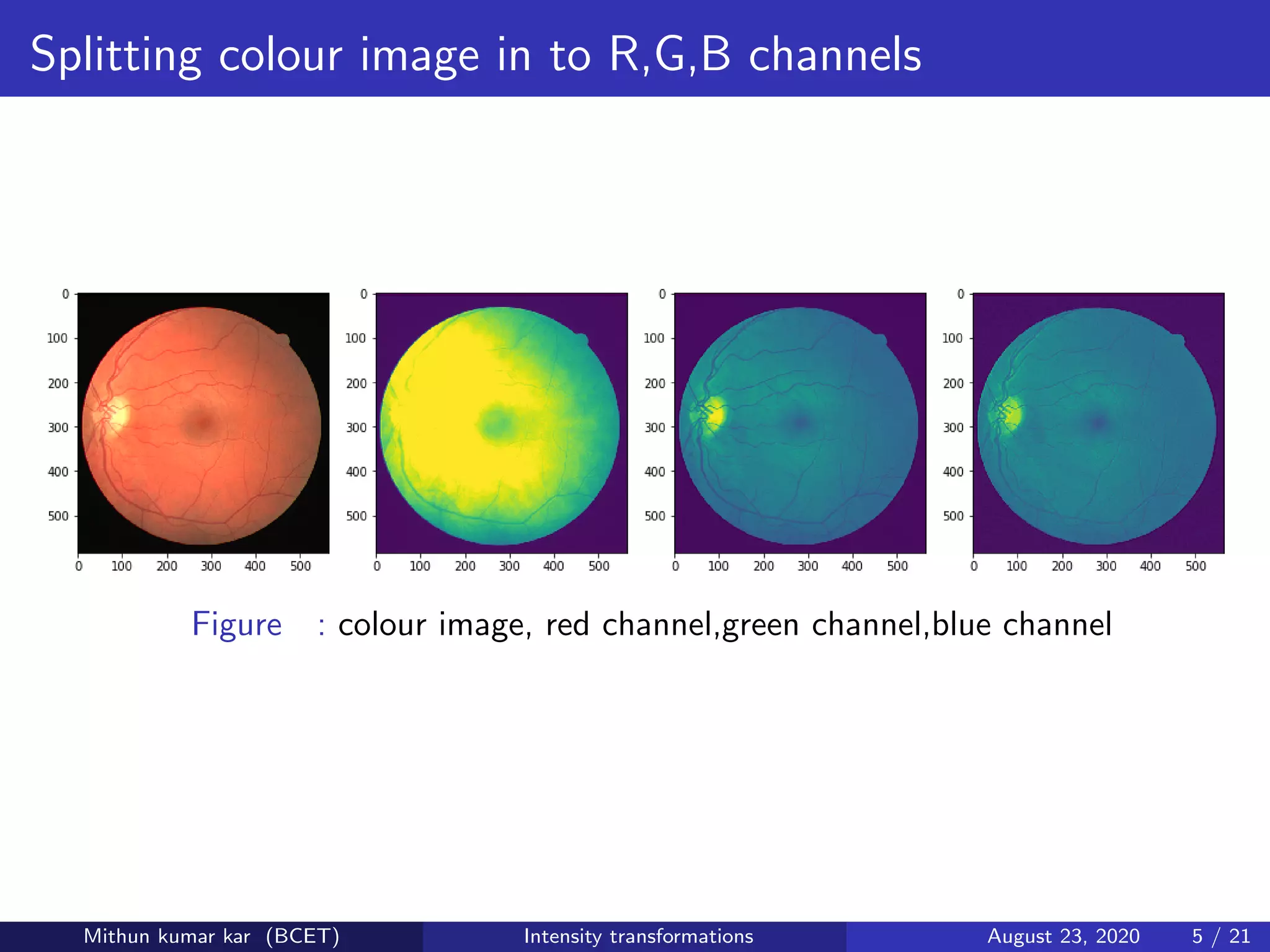 Splitting colour image in to R,G,B channels
Figure : colour image, red channel,green channel,blue channel
Mithun kumar kar (BCET) Intensity transformations August 23, 2020 5 / 21
 
