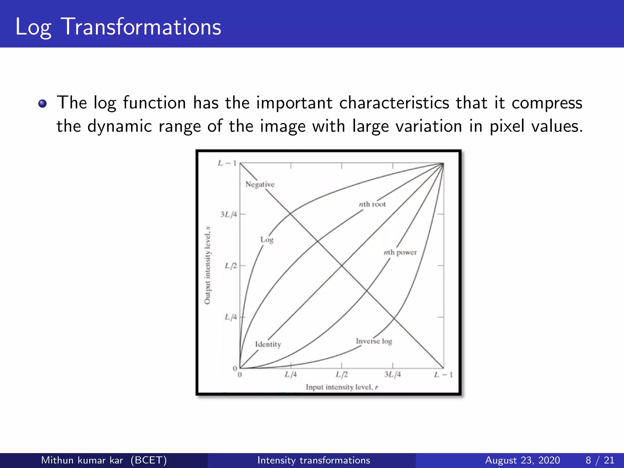 Log Transformations
The log function has the important characteristics that it compress
the dynamic range of the image with large variation in pixel values.
Mithun kumar kar (BCET) Intensity transformations August 23, 2020 8 / 21
 