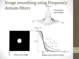 Image smoothing using Frequency
domain filters
from order 1 - 4
Perspective
plot of BLPF
Radial cross section of filter
Filter as an image
50
 