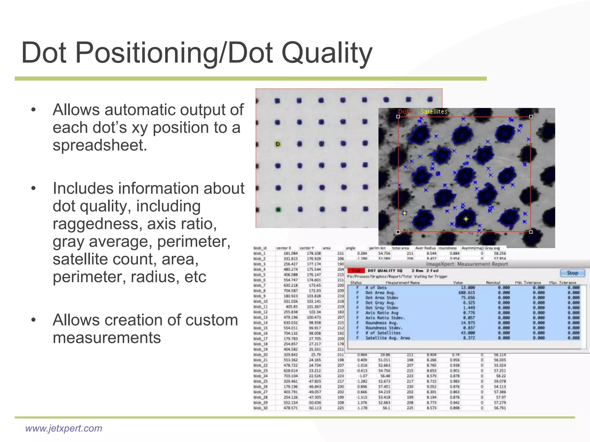Dot Positioning/Dot Quality
 • Allows automatic output of
   each dot’s xy position to a
   spreadsheet.

 • Includes information about
   dot quality, including
   raggedness, axis ratio,
   gray average, perimeter,
   satellite count, area,
   perimeter, radius, etc

 • Allows creation of custom
   measurements




www.jetxpert.com
 