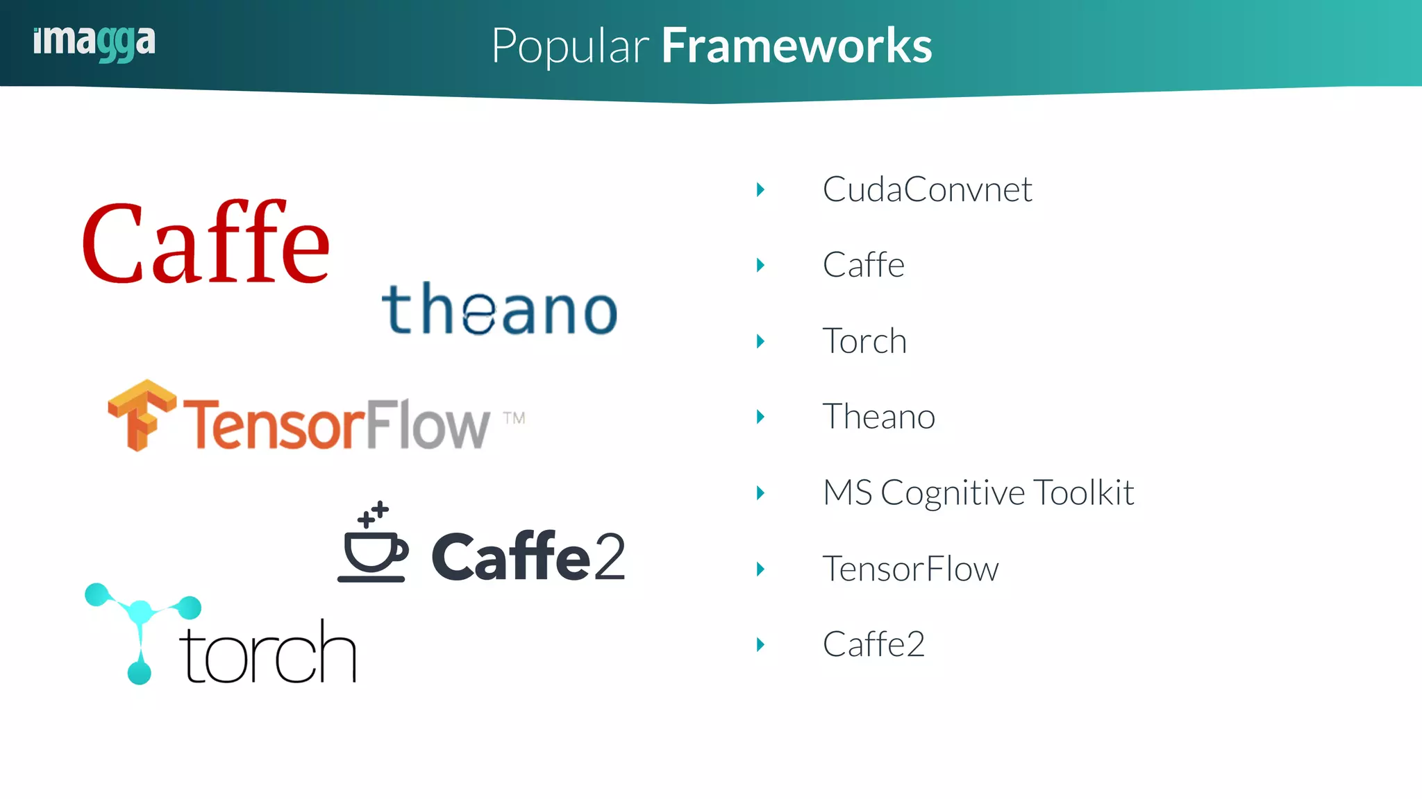 ‣ CudaConvnet
‣ Caffe
‣ Torch
‣ Theano
‣ MS Cognitive Toolkit
‣ TensorFlow
‣ Caffe2
Popular Frameworks
 