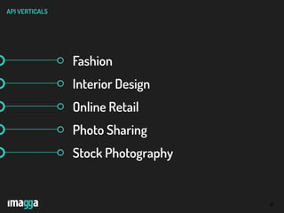 20
API VERTICALS
Fashion
Interior Design
Online Retail
Photo Sharing
Stock Photography
 