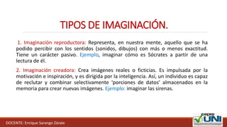 TIPOS DE IMAGINACIÓN.
1. Imaginación reproductora: Representa, en nuestra mente, aquello que se ha
podido percibir con los sentidos (sonidos, dibujos) con más o menos exactitud.
Tiene un carácter pasivo. Ejemplo, imaginar cómo es Sócrates a partir de una
lectura de él.
2. Imaginación creadora: Crea imágenes reales o ficticias. Es impulsada por la
motivación e inspiración, y es dirigida por la inteligencia. Así, un individuo es capaz
de reclutar y combinar selectivamente ‘porciones de datos’ almacenados en la
memoria para crear nuevas imágenes. Ejemplo: imaginar las sirenas.
DOCENTE: Enrique Sarango Zárate
 