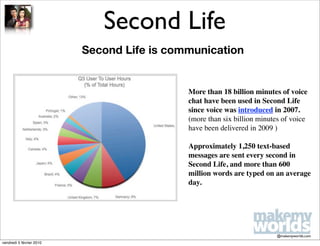 Second Life
                          Second Life is communication


                                            More than 18 billion minutes of voice
                                            chat have been used in Second Life
                                            since voice was introduced in 2007.
                                            (more than six billion minutes of voice
                                            have been delivered in 2009 )

                                            Approximately 1,250 text-based
                                            messages are sent every second in
                                            Second Life, and more than 600
                                            million words are typed on an average
                                            day.




                                                                        @makemyworlds.com
vendredi 5 février 2010
 