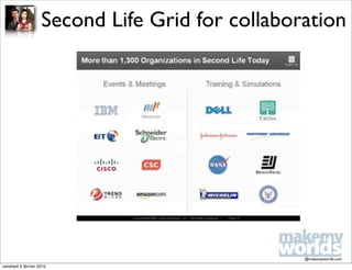 Second Life Grid for collaboration




                                                 @makemyworlds.com
vendredi 5 février 2010
 